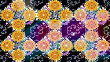 Çiçek desenli eskiz. Düz Çiçek Elementleri Tasarım Raster illüstrasyonu. Sarı renkli çiçekler. Renkli Bahar Teması çizim şablonu.