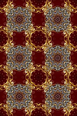 Kahverengi ve kırmızı renklerde Royal retro. Altın şablon. Kusursuz desenli altın elementler. Raster illüstrasyonu. Kart, duvar kağıdı, ambalaj ve tekstil için klasik tasarım. Çiçeksel klasik doku.