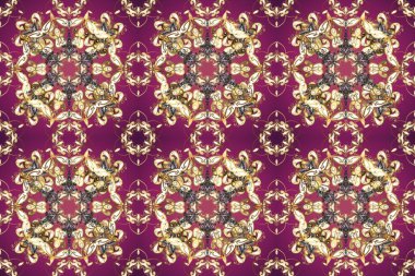 Klasik klasik klasik arka plan. Mor, bej ve kahverengi renklerde altın elementlerle kusursuz desen. Klasik raster sarısı, kusursuz desen. Geleneksel oryantasyon süsü.