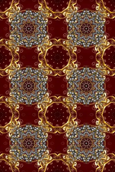 Kahverengi ve kırmızı renklerde Royal retro. Altın şablon. Kusursuz desenli altın elementler. Raster illüstrasyonu. Kart, duvar kağıdı, ambalaj ve tekstil için klasik tasarım. Çiçeksel klasik doku.
