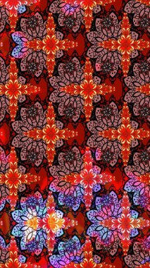 Kırmızı renkte etnik çiçeklerle süslenmiş zarif bir eskiz şekli. Asya Tekstil 'inde Raster Çiçek İllüstrasyonu.