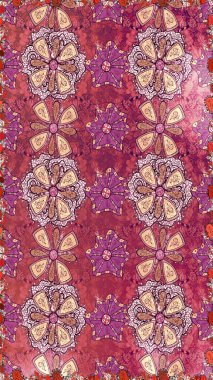 Hint süsü. Kusursuz desen. Çiçek duvar kağıdı. Pembe ve mor renklerde. Raster illüstrasyonu. Renkli süs kenarı.