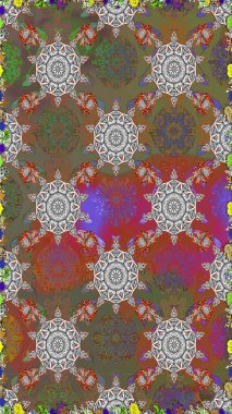 Moda baskıları için zarif bir şablon. Modern çiçek arkaplanı. Parlak renkli çiçekleri ve kahverengi ve gri renkli yaprakları olan şaşırtıcı, pürüzsüz çiçek deseni. Halk stili.