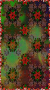 Raster illüstrasyonu. Kahverengi ve yeşil renklerde bahar çiçekleri. Yaprak ve çiçeklerin suluboya resmi, kahverengi ve yeşil renklerde pürüzsüz desen.