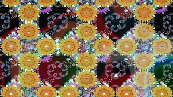 Parlak renkli fantezi çiçekleri, yapraklar, tarafsız renklerde tomurcuklar. Suluboya el çizimi elementli çiçek çizimi deseni.