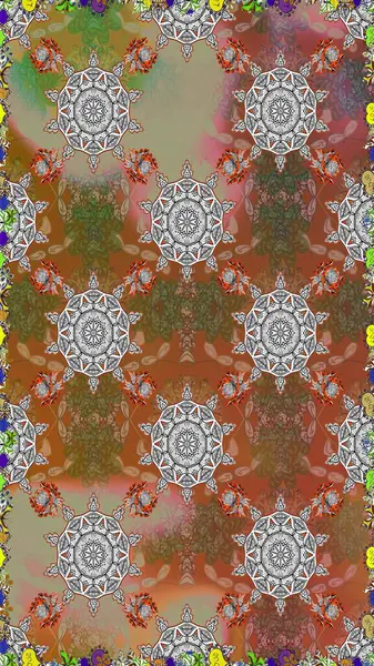 Parlak renkli çiçekleri ve kahverengi ve gri renkli yaprakları olan şaşırtıcı, pürüzsüz çiçek deseni. Modern çiçek arkaplanı. Halk tarzı. Moda baskıları için zarif bir şablon.