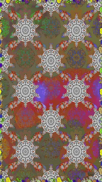 Moda baskıları için zarif bir şablon. Modern çiçek arkaplanı. Parlak renkli çiçekleri ve kahverengi ve gri renkli yaprakları olan şaşırtıcı, pürüzsüz çiçek deseni. Halk stili.