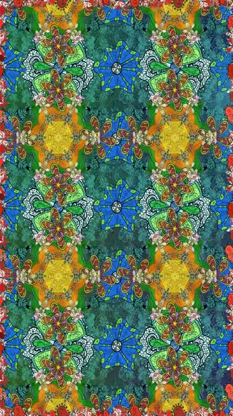 Çiçek desenleri yeşil renklerde, el yapımı papatyalar, papatyalar. Tekrarlayan çiçek arkaplanı, zarif yeşil çiçek duvar kağıdı.