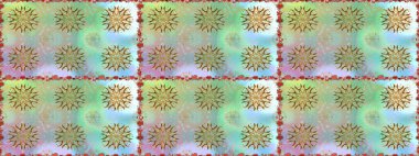 Renkli süs kenarı. Kusursuz desen. Hint süsü. Raster illüstrasyonu. Tarafsız ve mavi renklerde. Çiçek duvar kağıdı.