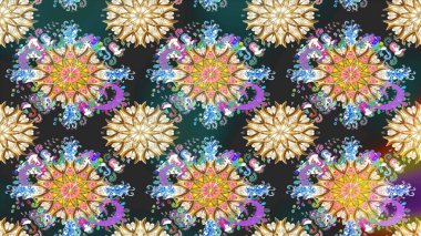 Raster Floral Illustration, Asyalı tekstil. Mavi ve gri renkte etnik çiçeklerle kusursuz bir desen..