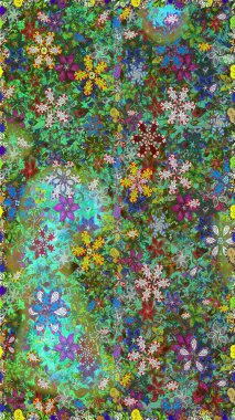 Yeşil ve mavi renkte çiçekler. Raster illüstrasyonunda kusursuz çiçek deseni.