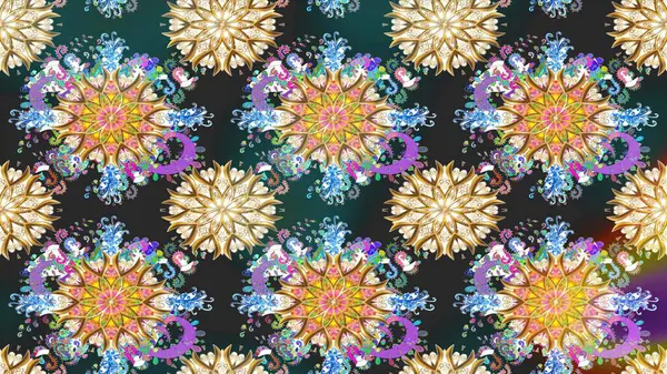 Raster Floral Illustration, Asyalı tekstil. Mavi ve gri renkte etnik çiçeklerle kusursuz bir desen..