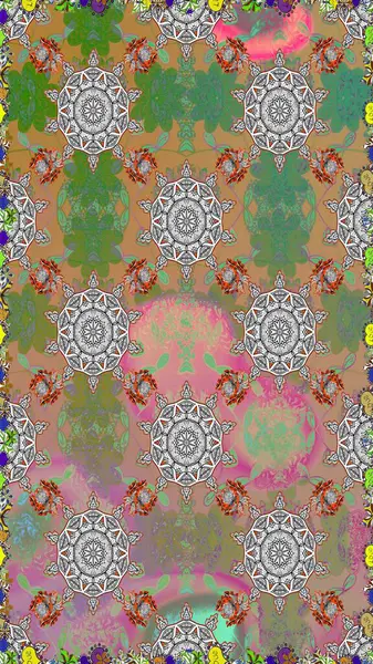 Eski usul. Kumaş, tekstil, duvar kağıdı baskısı için. Kusursuz bir geçmişi var. Raster illüstrasyonu. Miles Fleur, süslü püslü bir süs. Tomurcukları papatya çiçekleri olan sevimli bir çiçek deseni..