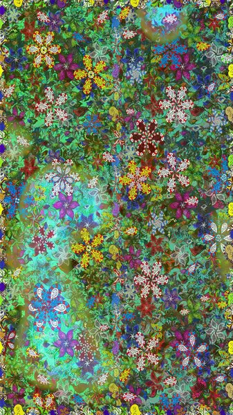 Yeşil ve mavi renkte çiçekler. Raster illüstrasyonunda kusursuz çiçek deseni.