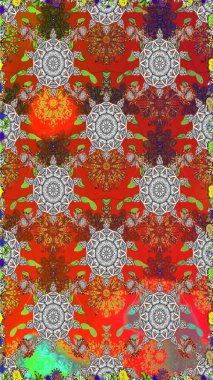 Çiçeksiz desenli, suluboya elle çizilmiş elementler. Parlak renkli fantezi çiçekleri, yapraklar, kırmızı renkli tomurcuklar..