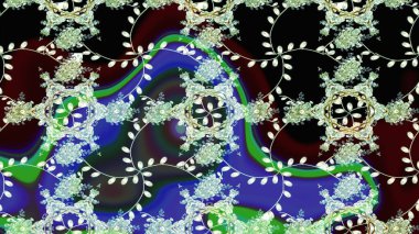 Düz Çiçek Elementleri Tasarımı. Renkli Bahar Teması eskiz kalıbı. Siyah renkli çiçekler. Raster illüstrasyonunda çiçek deseni çizimi.