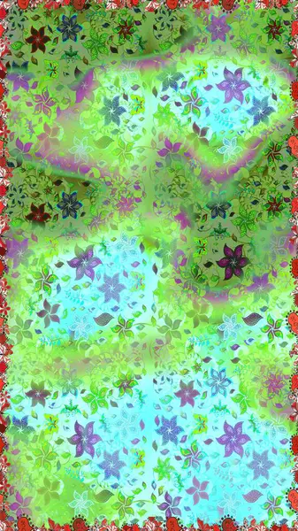 Yeşil ve mavi renkte çiçekler. Renkli Bahar Temalı, dikdörtgen desenli arka plan. Düz Çiçek Elementleri Tasarım Raster illüstrasyonu. Çiçekli, suluboya desenli kusursuz çiçek deseni.