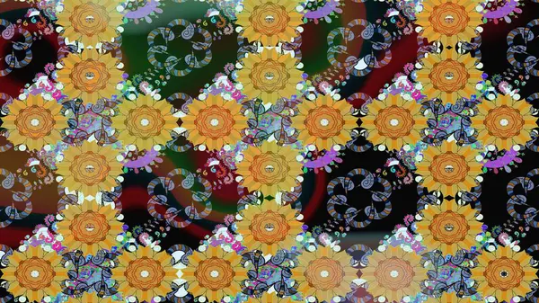 Yapraklı çiçekler ve sarı ve tarafsız renklerde papatya çiçekleri. Raster - stok. Kusursuz arkaplan deseni.