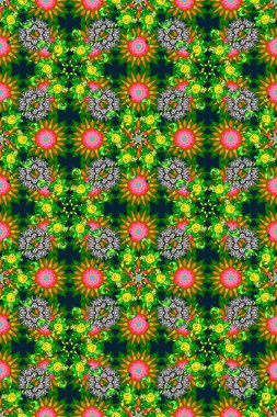 Kusursuz çiçek deseni. Asya tekstil tarzında. Raster illüstrasyonu. Yeşil, mavi ve gri renkli çiçekler. Raster illüstrasyonu.