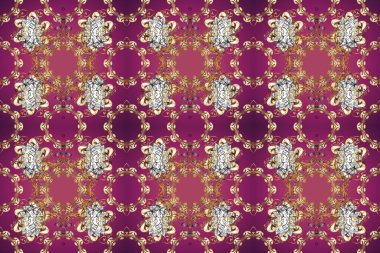 Çiçek desenli altın metal. Altın elementli mor, bej ve kahverengi renkler. Kusursuz altın desen. Raster altın çiçek süsü brokar kumaş ve cam desenli..