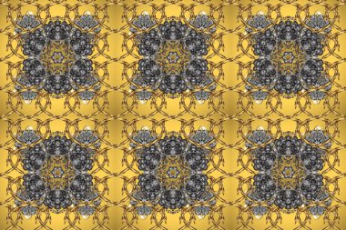 Doğu tarzında klasik tasarım öğesi. Duvar kâğıdı için altın süslü bir illüstrasyon. Çiçekli süslemeli, pürüzsüz bir desen. Sarı, gri ve kahverengi renklerde Arap dekoru. Süslü dantel iz sürücü.