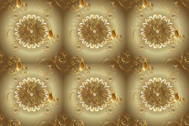 Tekrarlayan elementlerle kusursuz soyut arkaplan. Bej, kahverengi ve altın desenli. Zarif raster klasik desen.
