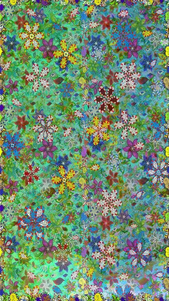 Soyut etnik raster kusursuz desen. Kabile sanatı boho baskısı, klasik çiçek arkaplanı. Arkaplan dokusu, duvar kağıdı, yeşil ve mavi renkli çiçek teması.