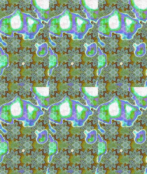 Yeşil renkli etnik çiçeklerle süslenmiş zarif bir eskiz şekli. Asya Tekstil 'inde Raster Çiçek İllüstrasyonu.