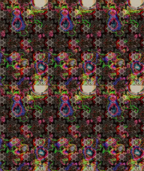 Halk tarzı. Moda baskıları için zarif bir şablon. Modern çiçek arkaplanı. Parlak renkli çiçekleri ve siyah yaprakları olan harika bir çiçek deseni..