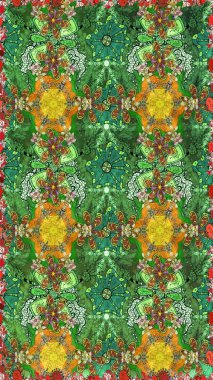 Raster illüstrasyonu. Patlayan çiçekler soyut olarak yerleştirilmiş. Yumuşak, yeşil renkli bahar çiçekleri. Raster deseni.