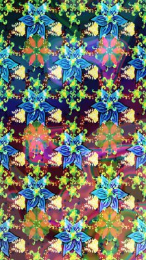 Şirin çiçekli eskiz deseni ve mavi renkli yapraklar, suluboya çiçek deseni, duvar kağıdı, kart veya kumaş için fayanslı. Raster illüstrasyonu.