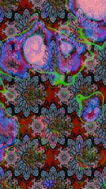 Raster illüstrasyonu. Düz Çiçek Elementleri Tasarımı. Güzel kumaş deseni. Çiçek desenli çizim. Renkli Bahar Teması eskiz kalıbı. Asya tekstil tarzında.