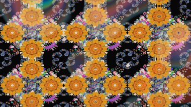 Moda baskıları için zarif bir şablon. Modern çiçek arkaplanı. Parlak renkli çiçekli ve sarı yapraklı harika bir çiçek deseni. Halk stili.