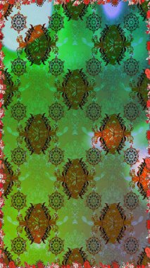 Ağaç dallı bahar çiçekleri ile desen, yeşil ve kahverengi renkler ile çiçek silueti. Raster deseni.