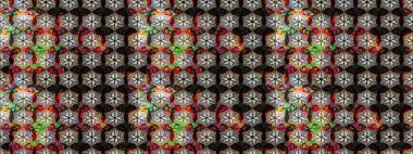 Hediye ambalaj kağıdı, tebrik kartları, posterler ve pankart tasarımı. Siyah renkli çiçekler. Raster düz çiçek çizim deseni.