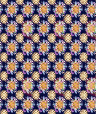 Kusursuz bir arka plan modeli. Yapraklı çiçekler ve mavi ve nötr renklerde papatya çiçekleri. Raster - stok.