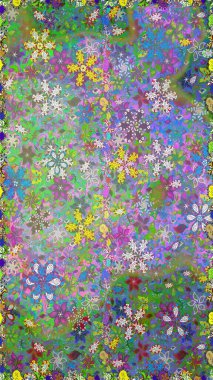 Raster illüstrasyonunda kusursuz çiçek deseni. Renkli Bahar Temalı Kusursuz Arkaplan. Düz Çiçek Elementleri Tasarımı. Yeşil ve nötr renkte çiçekler.