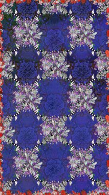 Kusursuz çiçek deseni duvar kâğıdı olarak kullanılabilir. Mor ve mavi renkte çiçekler. Raster illüstrasyonu.