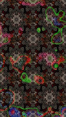 Siyah renkli Asya tekstili. Suluboya çiçekli çiçek deseni. Raster illüstrasyonu.