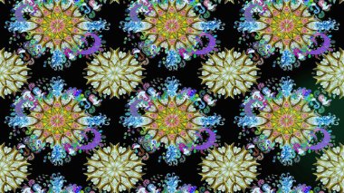 Raster. Siyah ve nötr renklerde güzel çiçeklerle kusursuz desen, suluboya çiçek deseni, duvar kağıdı, kart veya kumaş için fayanslı.