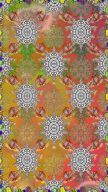 Renkli Bahar Temalı Kusursuz Arkaplan. Kusursuz Chichi kumaş deseni. Düz Çiçek Elementleri Tasarımı. Raster illüstrasyonu. Çiçek deseni.