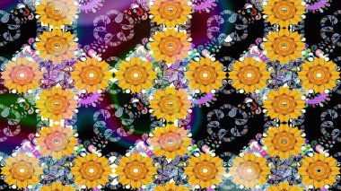 Çok renkli, zarif küçük çiçekler ve sarı renkli komik böcekler, raster desen, illüstrasyon..