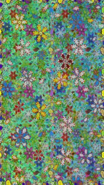 Yumuşak, bahar çiçekleri yeşil ve mavi renklerde. Patlayan çiçekler soyut olarak yerleştirilmiş. Raster illüstrasyonu. Raster deseni.