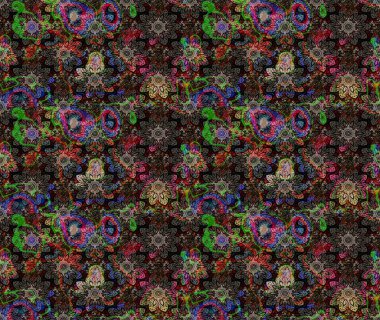 Raster Floral Illustration, Asyalı tekstil. Siyah renkli etnik çiçeklerle zarif eskiz deseni.