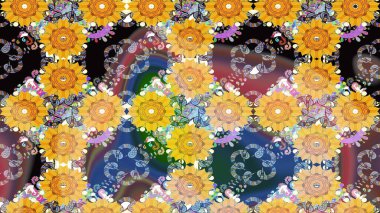 Sarı ve kahverengi renkte çiçekler. Kumaş desenli papatya çiçekleri ayrıntıları.