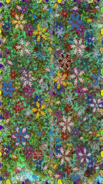 Raster illüstrasyonu. Moda baskısı, albüm, ambalaj kağıdı ve duvar kağıdı için zarif dekoratif süslemeler. Yeşil renkte şirin çiçekler. Küçük çiçekli basit, pürüzsüz desen..