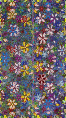 Yumuşak, bahar çiçekleri mavi ve yeşil renklerde. Raster deseni. Raster illüstrasyonu. Patlayan çiçekler soyut yerleştirilmiş.