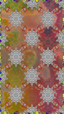 Çiçekleri, deniz kabukları, mandalaları ve suluboya efektleriyle donanma geçmişi. Kusursuz etnik tasarım. Yatak çarşafları, ceket, paket tasarımı, kumaş ve moda kavramları için tekstil baskısı.