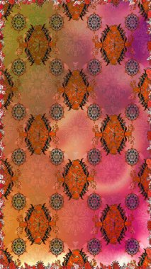 Çiçeksiz desenli, suluboya elle çizilmiş elementler. Parlak renkli fantezi çiçekleri, yapraklar, kahverengi ve turuncu renkli tomurcuklar kahverengi ve turuncu.