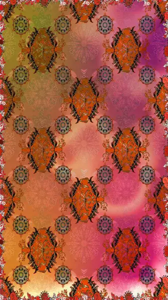 Çiçeksiz desenli, suluboya elle çizilmiş elementler. Parlak renkli fantezi çiçekleri, yapraklar, kahverengi ve turuncu renkli tomurcuklar kahverengi ve turuncu.